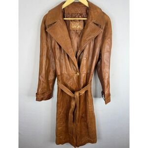 Vintage 70s Skin Gear Leather Trench Coat Cognac Brown Belted Jacket Women S